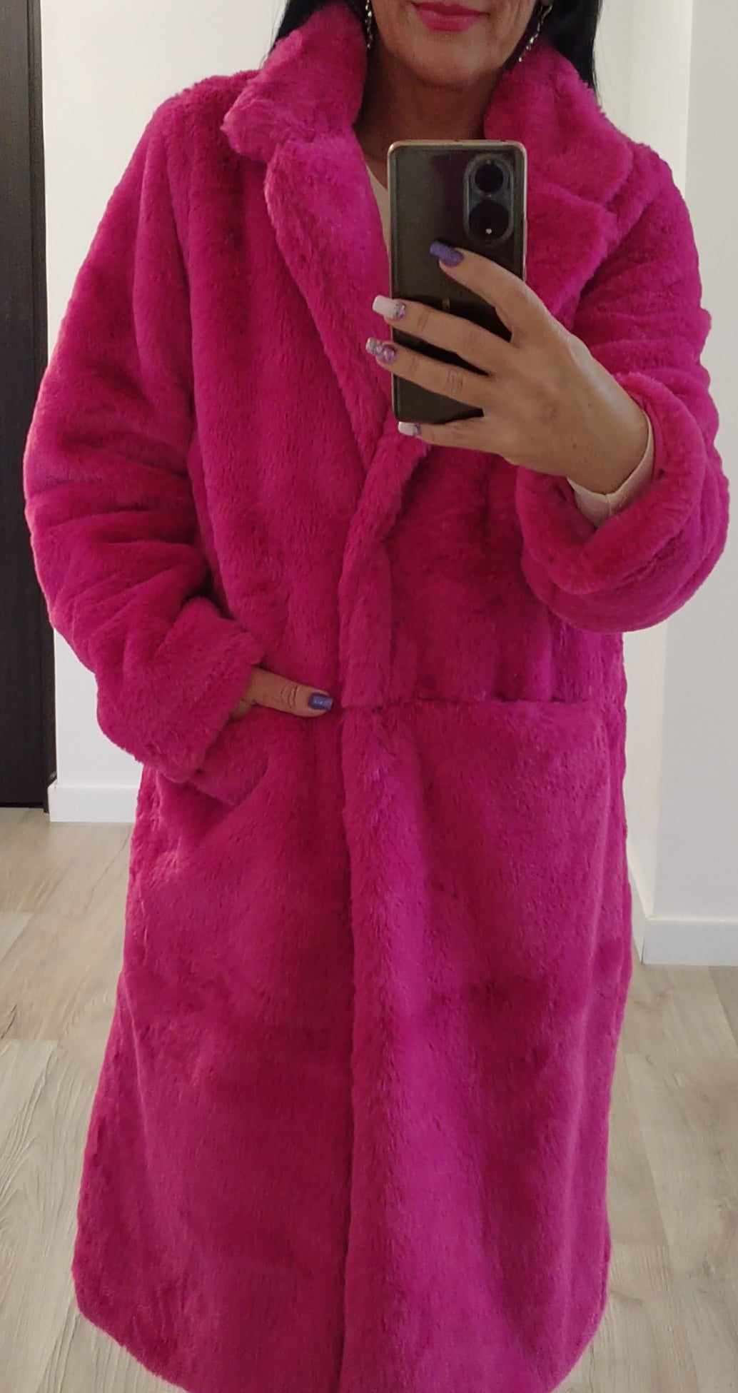 Pink - hosszú zsebes műszőrme bunda - Image 6