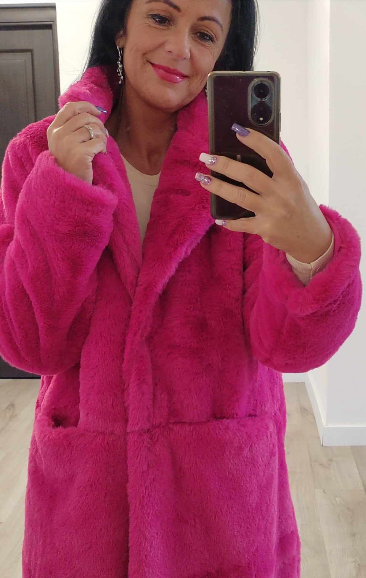 Pink - hosszú zsebes műszőrme bunda - Image 3